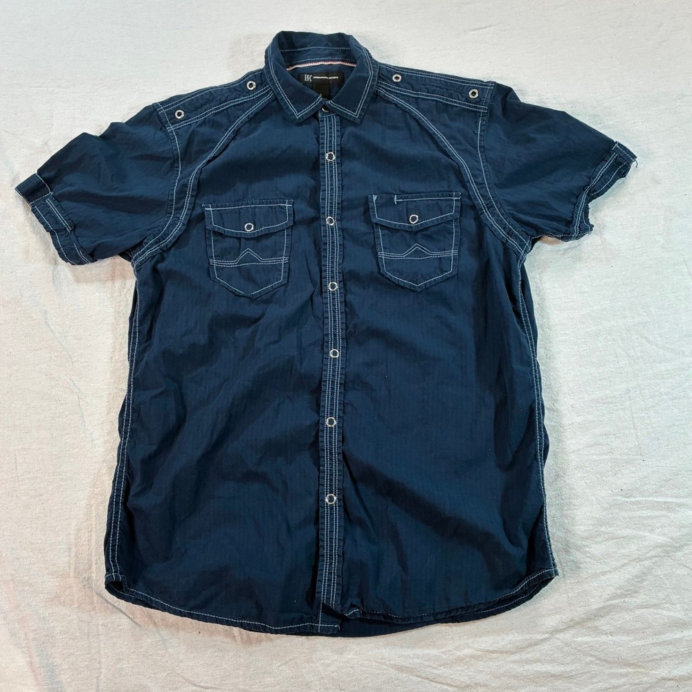 INC Men's Small Short Sleeve Button Up Shirt Navy Blue Contrast Stitch U9
